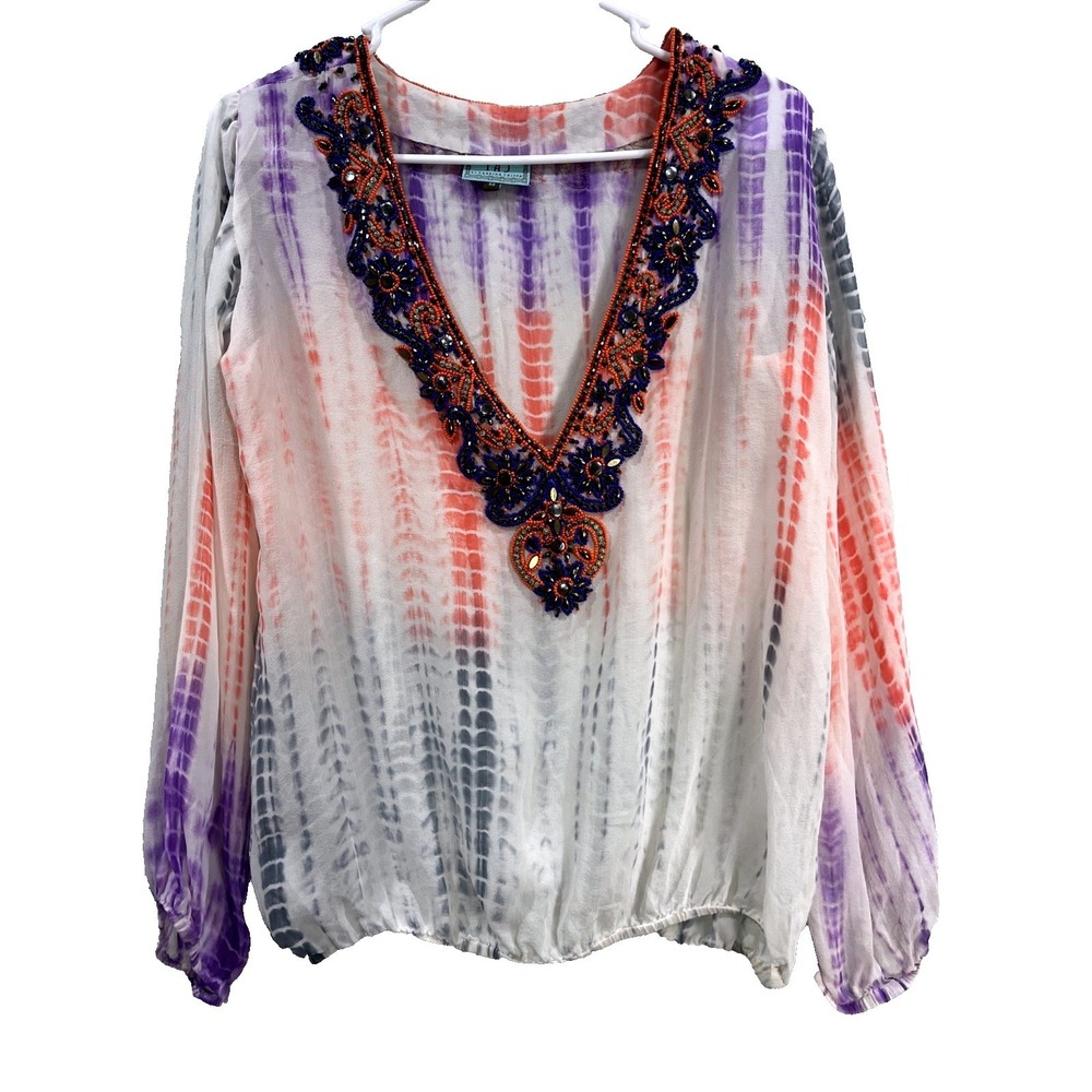 Taj by Sabrina Crippa Blouse Womens M Multicolor Tie Dye‎ Silk Beaded Boho Luxe